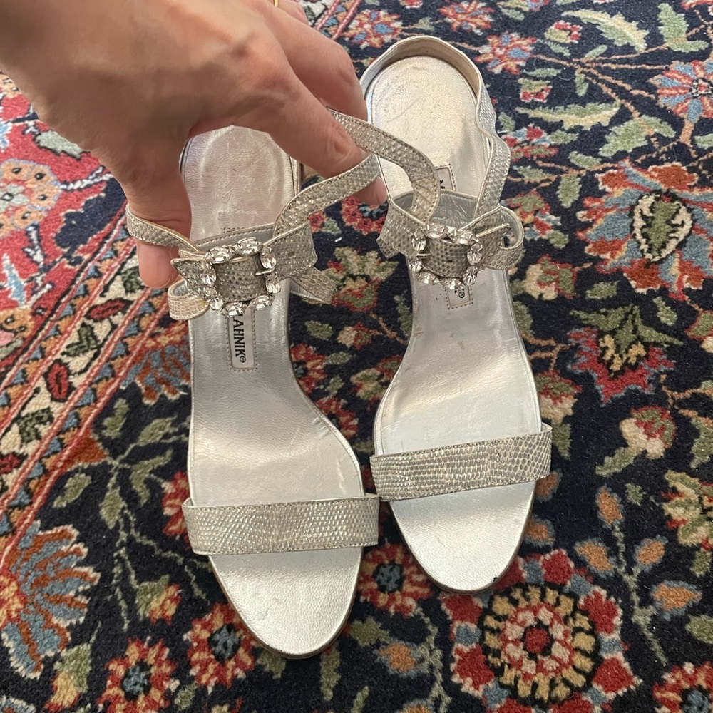 Manolo Blahnik silver embossed jewelled sandal